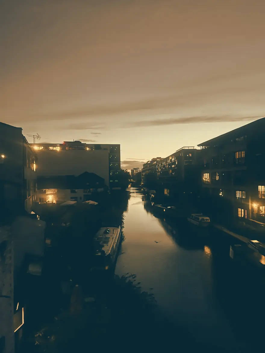 The Regent's Canal at dusk seen from the terrace