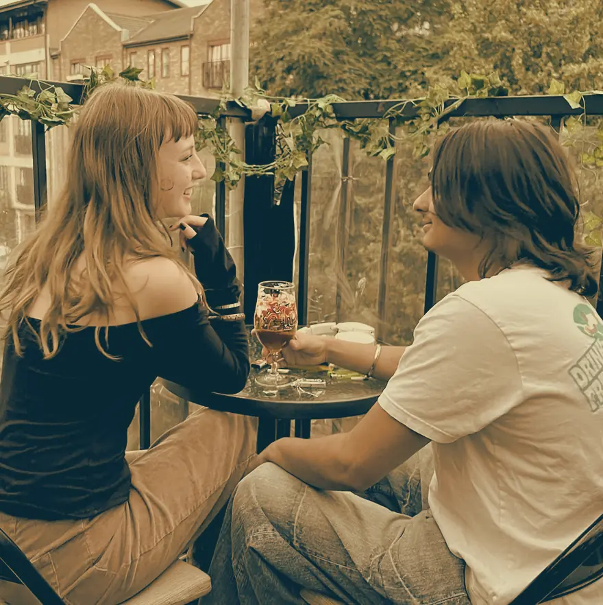 Drinks on a table on the canal-side terrace